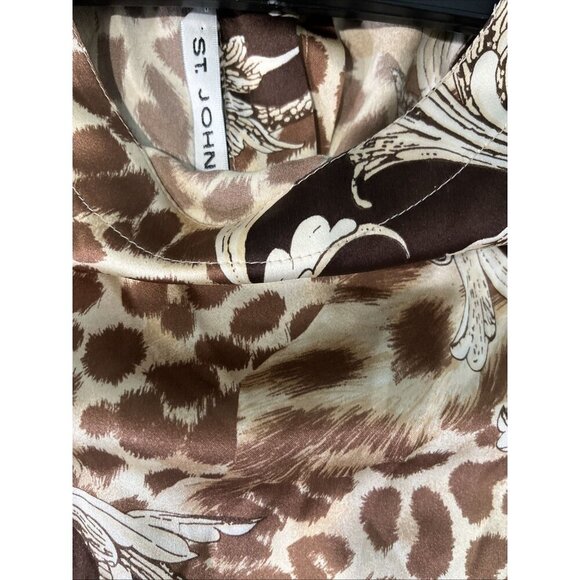 St. John Animal Print Silk Cap Sleeve Top Sz 12 Large Floral Lightweight Blouse - Picture 7 of 8